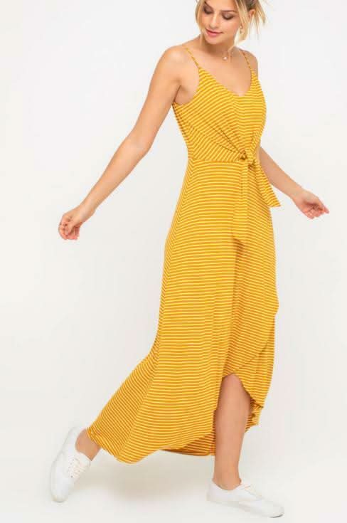 Mustard & White Striped Wrap Maxi Tank Dress Cami Strap Boho Dress | Size M | Lush Mustard & White Striped Wrap Maxi Tank Dress Cami Strap Boho Dress | Size M | Lush