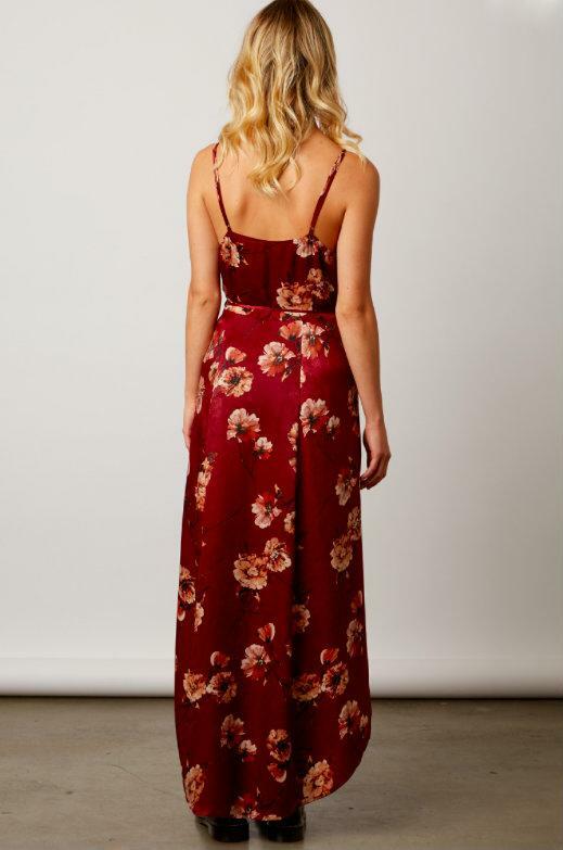 Heidi Wine Satin Floral Wrap Dress -  BohoPink