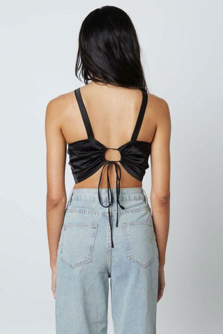 Black satin lace-up back crop top with halter neckline