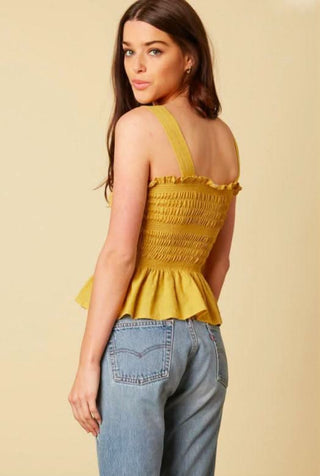 Yellow smocked tank top with wide straps - back view