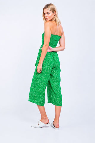 Vineyard Villa Green Floral Strapless Culotte Jumpsuit - Side Angle Showing Cropped Pants