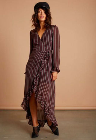 Vine Burgundy Stripe Long Sleeve Ruffle Wrap Maxi Dress - From our carual maxi dresses collection.