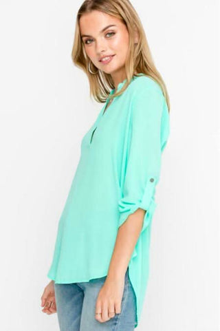 See That Girl Mint Green Roll Tab Sleeve Top - Side View