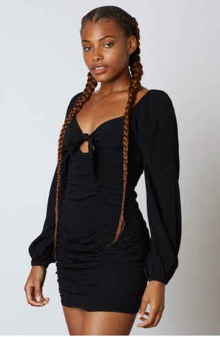 Black ruched long sleeve mini dress