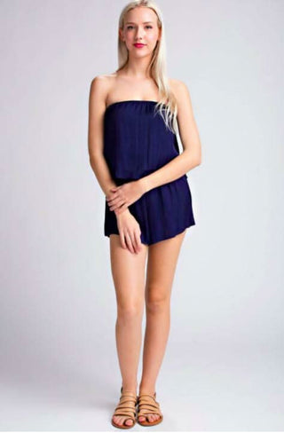 Gaea Navy Satin Strapless Romper outfit