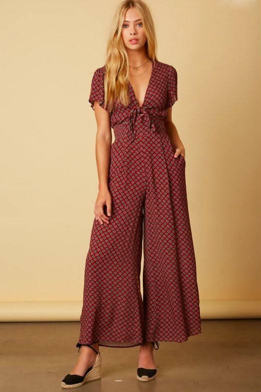 Bella Mia Burgundy Print Jumpsuit with palazzo pants