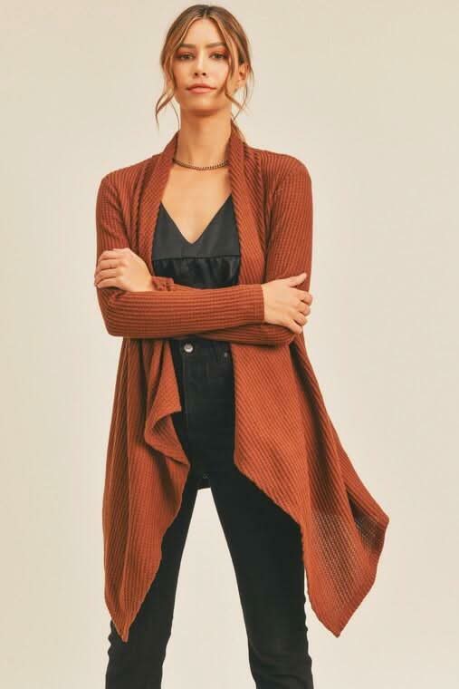 Mocha Brown Waffle Knit Waterfall Cardigan Boho Pink