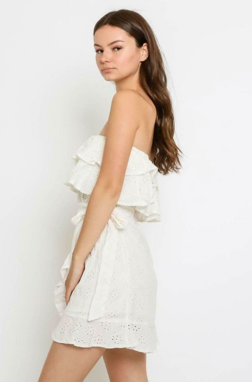 White Strapless Ruffle Dress