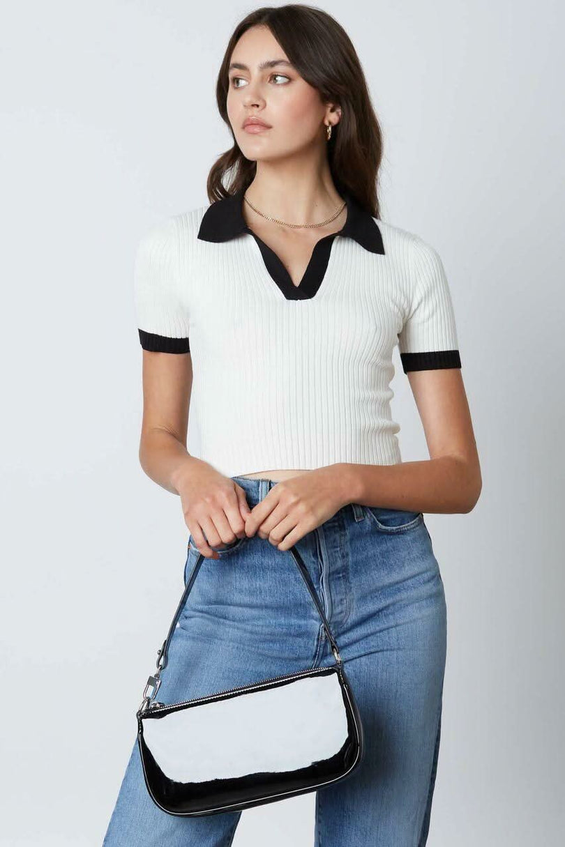 White and Black Collard Crop Top