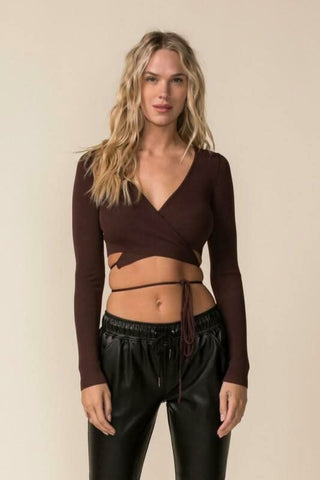 Falling For You Brown Wrap Cropped Sweater Top - Outfit View