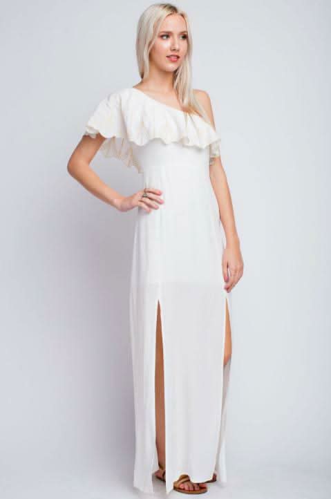 One shoulder white maxi