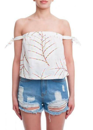 Palm Meadow White Off-Shoulder Tie Sleeve Top - Front View
