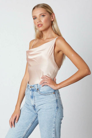 Pink champagne satin going out top side view
