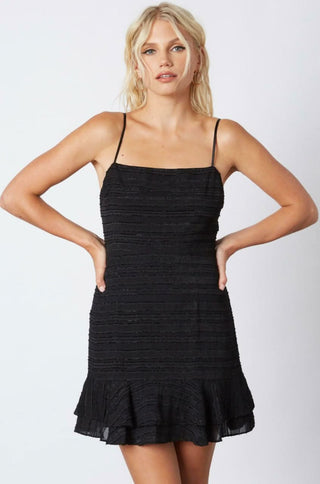 Black ruffle hem mini dress front view