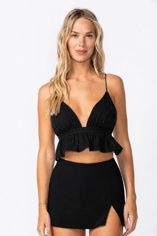 Jenny Black Eyelet Backless Ruffle Crop Top -  Front View