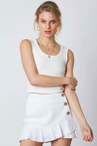 White button detail wrap mini skirt front view