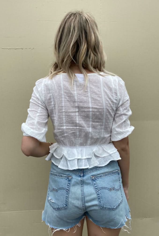 Champs-Élysées White Swiss Dot Ruffle Top a cute white crop top