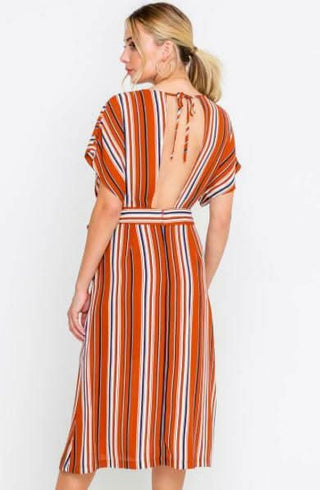 Marcella Rust Striped Dolman Sleeve Midi Dress back view showing cutout and tie
