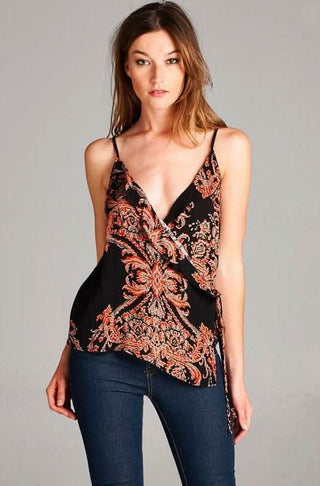 Black Floral Sleeveless Boho Print Wrap Cami Top