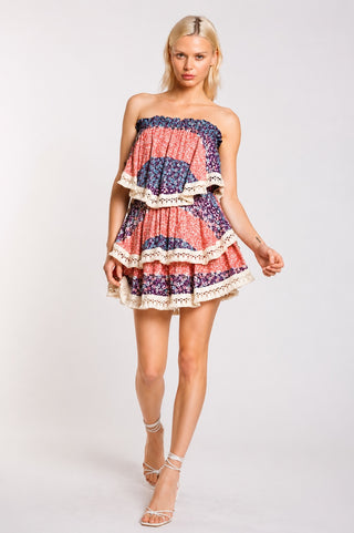 Summer Fields Blue and Blush Floral Print Strapless Two-Piece Set - Front View