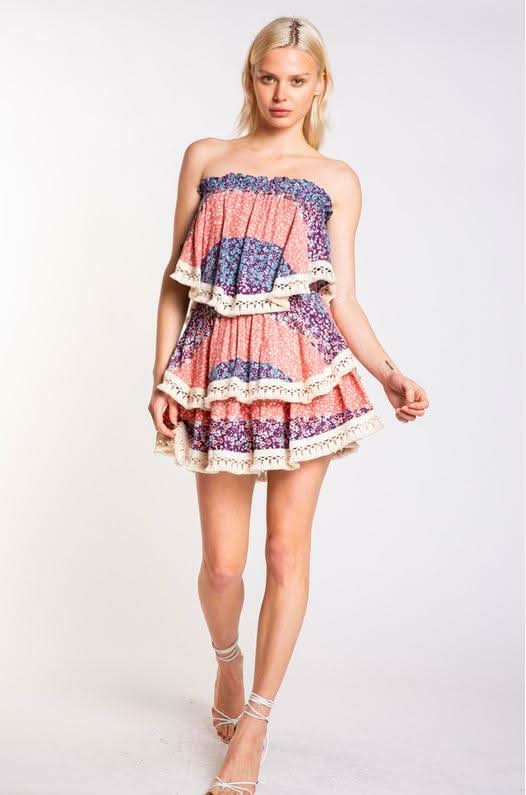 Summer Fields Blue and Blush Floral Print Strapless Two-Piece Set - Front View