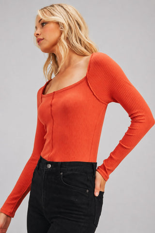 Lush Missing You Red Ribbed Long Sleeve Top - Side View 