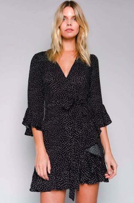 Cute Black Polka Dot Print Wrap Mini Dress | Boho Pink Cute Black Polka Dot Print Wrap Mini Dress | Boho Pink