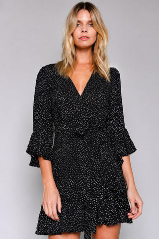 Indecisive Black Polka Dot Wrap Dress - Front View