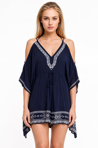Summer in Mykonos Navy Blue Poncho Romper - Front View