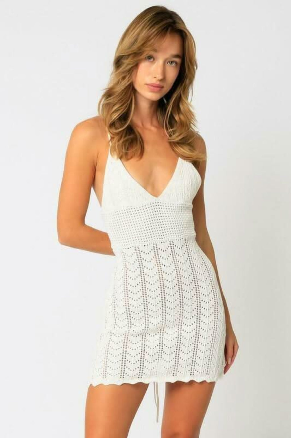Olivaceous Sea You Soon White Crochet Mini Dress - Size L - V-Neck, Bodycon, Tie-Back