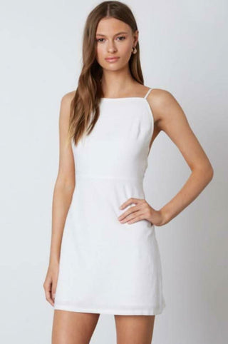 White tie-back graduation mini dress front view