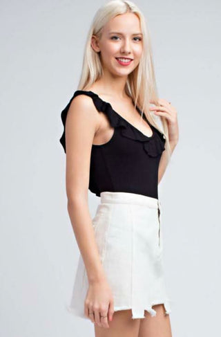 fitted black bodysuit with ruffle detail - side view