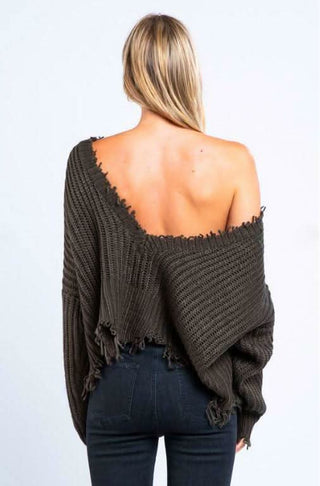 Lexi Olive Green Ripped Sweater -  Back View
