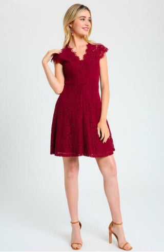 Selma Burgundy Lace Skater Dress stiled with high heel sandals