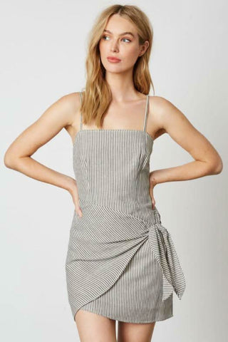 Cream and black striped side tie mini dress front view