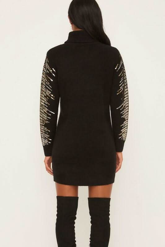 Black Turtleneck Sweater Dress With Sequin Sleeves