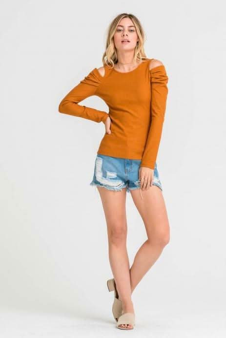 Just the Basic Mustard Cold-Shoulder Top -  BohoPink