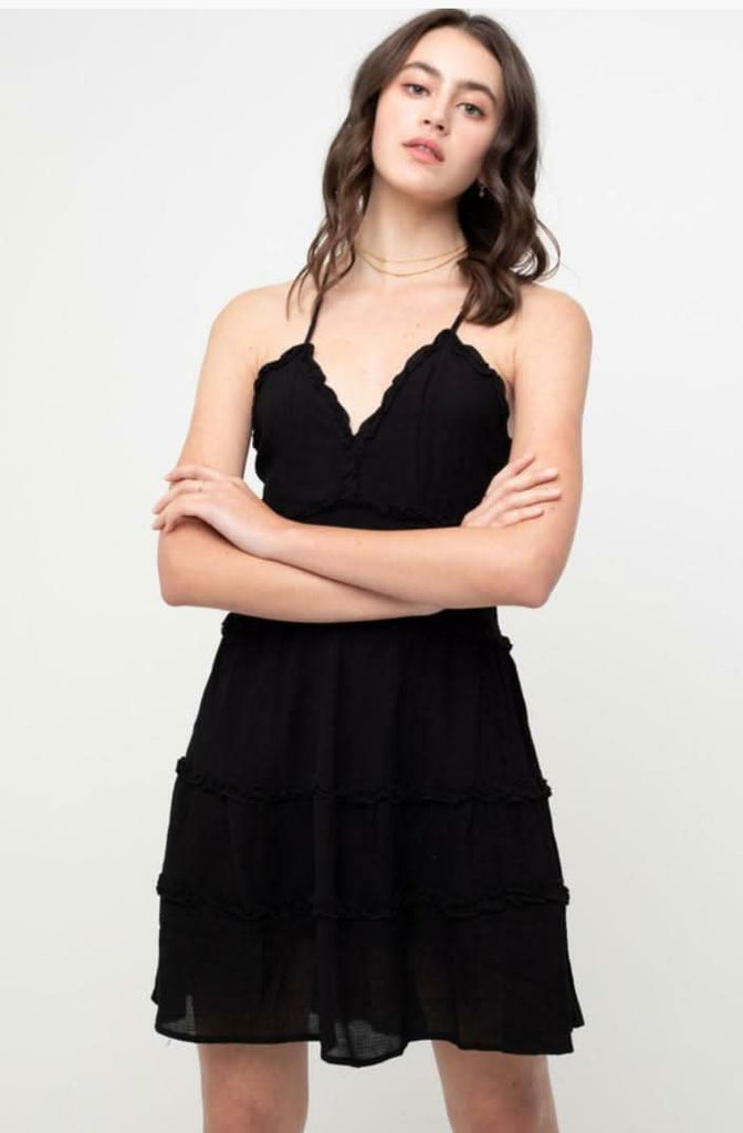 Love Tree Gina Black Ruffle Mini Dress - Size S - Sleeveless A-Line Skater Dress with Ruffle Trim - Adjustable Straps