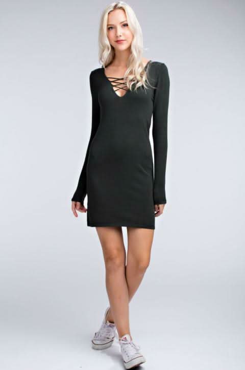 Here and Now Olive Long Sleeve Bodycon Sweater Dress -  BohoPink