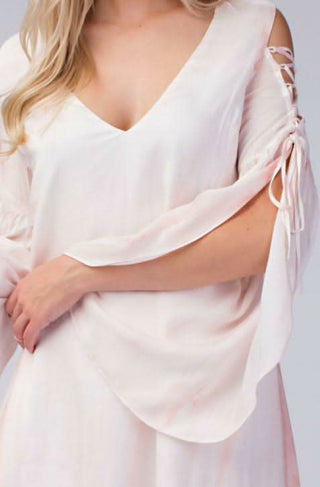 blush cold shoulder shift dress front view