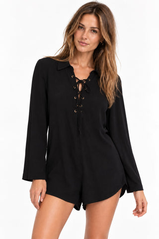 Be Somethin' Lace-Up Long Sleeve Romper - Front View