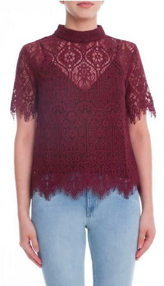 Meet Me Later Burgundy Lace Mock Neck Top - Front View