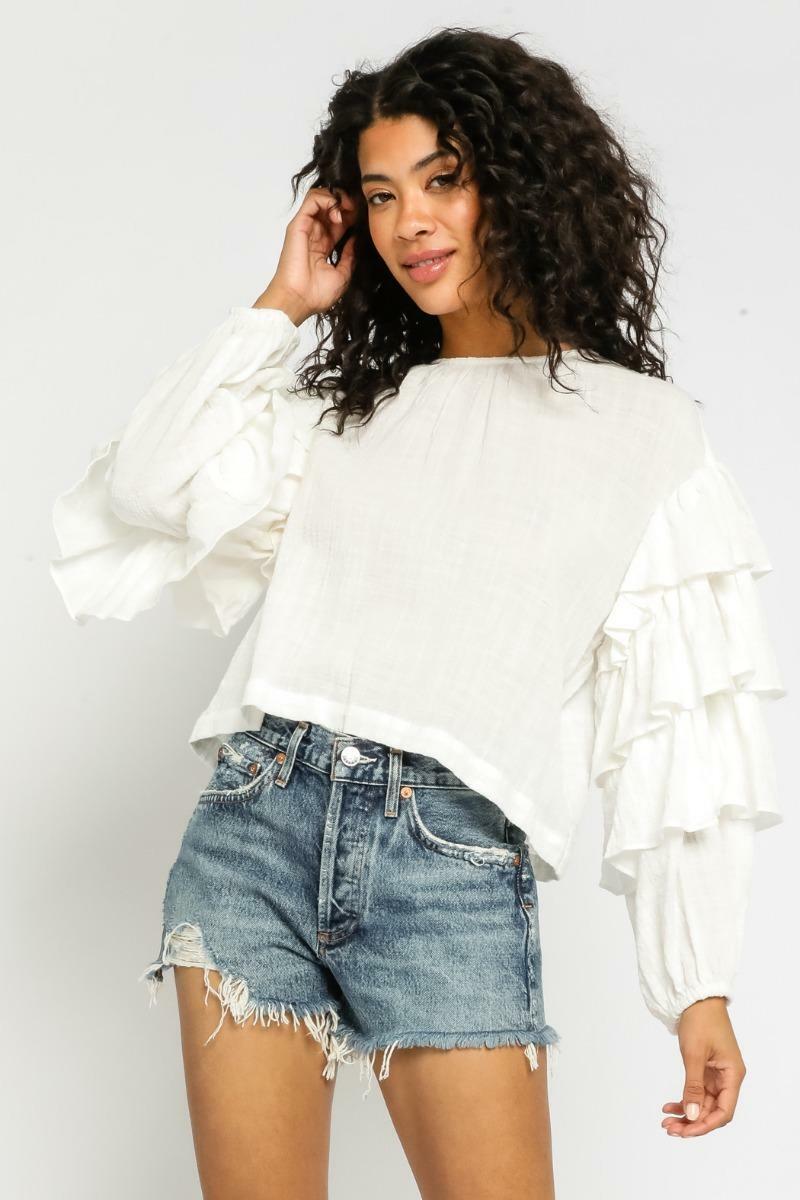 White Top - Long Top - Tiered Ruffle Sleeve Blouse | Pink