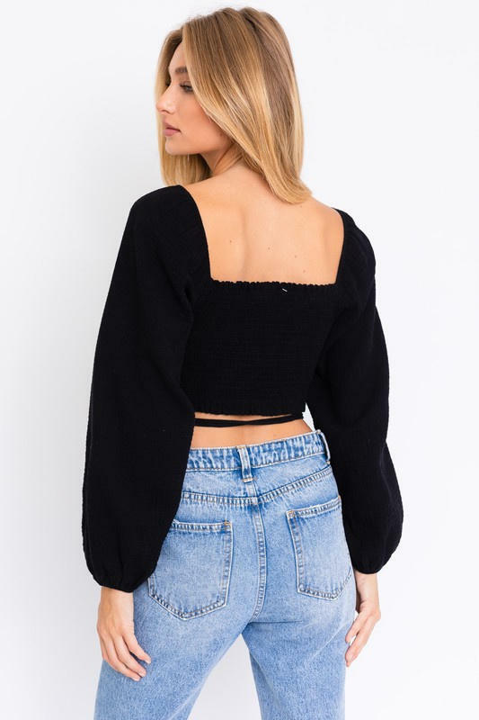 Every Moment Black Smocked Puff Sleeve Crop Top -  BohoPink