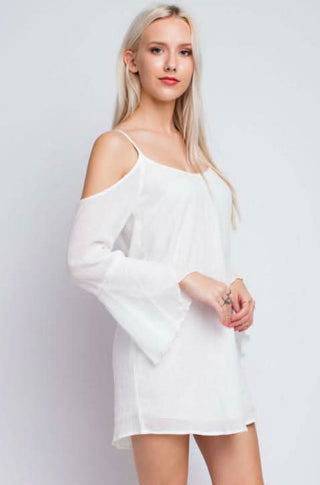 Detail shot of the cold-shoulder cutout and flowy sleeve design.