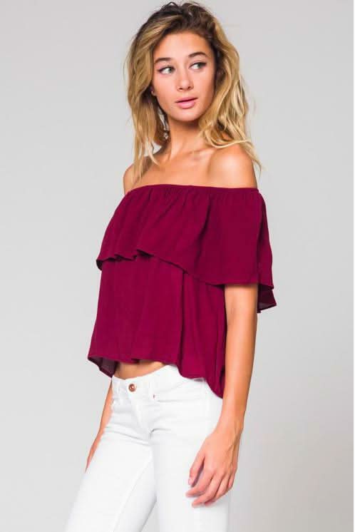 Burgundy Off-the-Shoulder Flounce Top