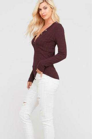  Eggplant Henley Sweater Top