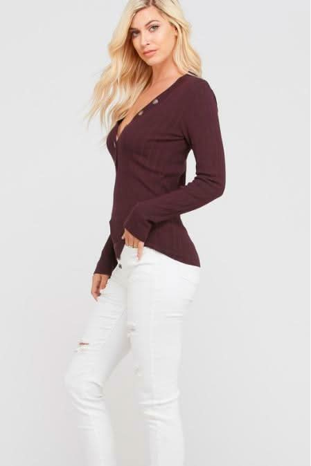  Eggplant Henley Sweater Top