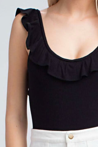 black ruffle trim bodysuit close-up view