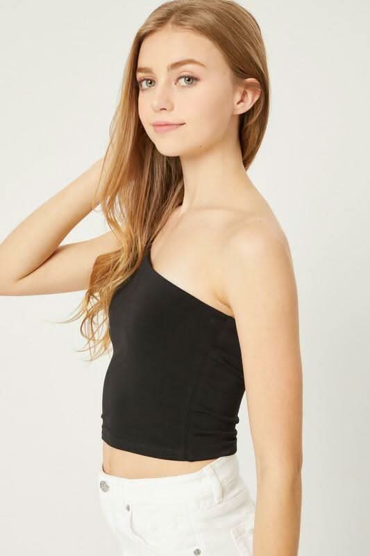 Elsa Black One-Shoulder Cropped Tank Top -  BohoPink